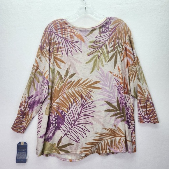 Democracy Top Womens 1X Tropical Palm Leaf 3/4 Sleeve Knit Twist Front Plus Size - Picture 2 of 10
